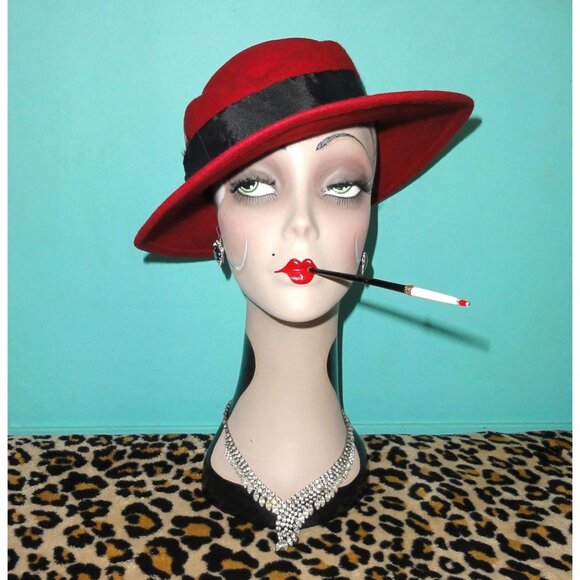 Vintage Arlin Red Wool Church Hat w/ Feathers Kentucky Derby pinup retro bow main image 5